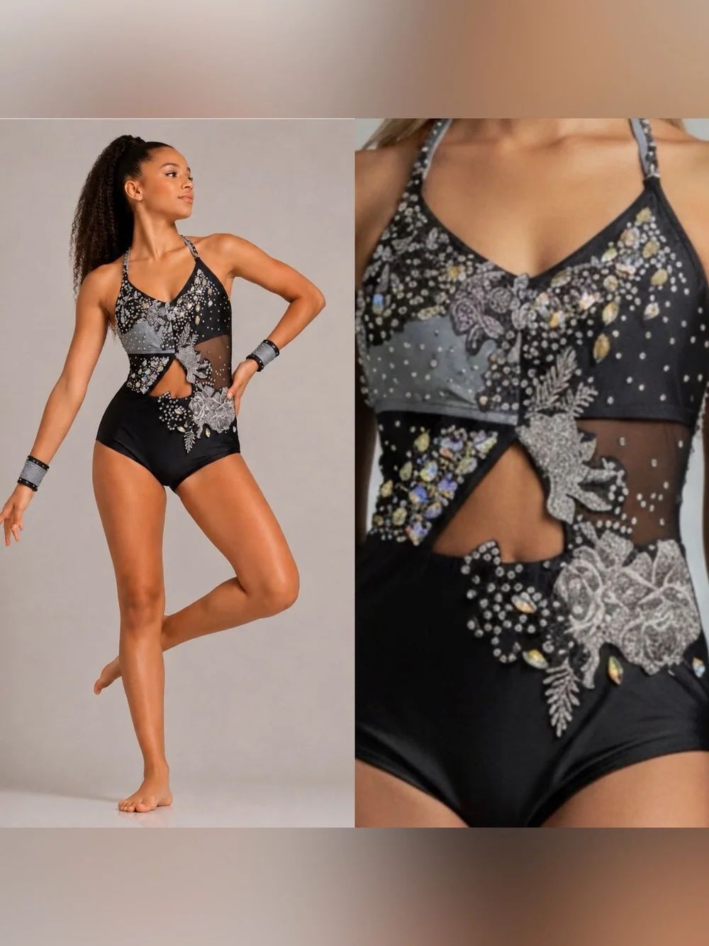 Glamour Contemporary Solo competition jazz acro Costume Black Silver Crystal SA